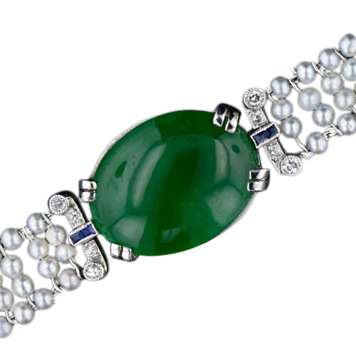 Art Deco Jadeite and Natural Pearl Bracelet - GIA - 2