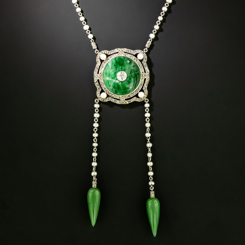 Art Deco Jadeite, Nephrite, Diamond and Natural Pearl Necklace - 2