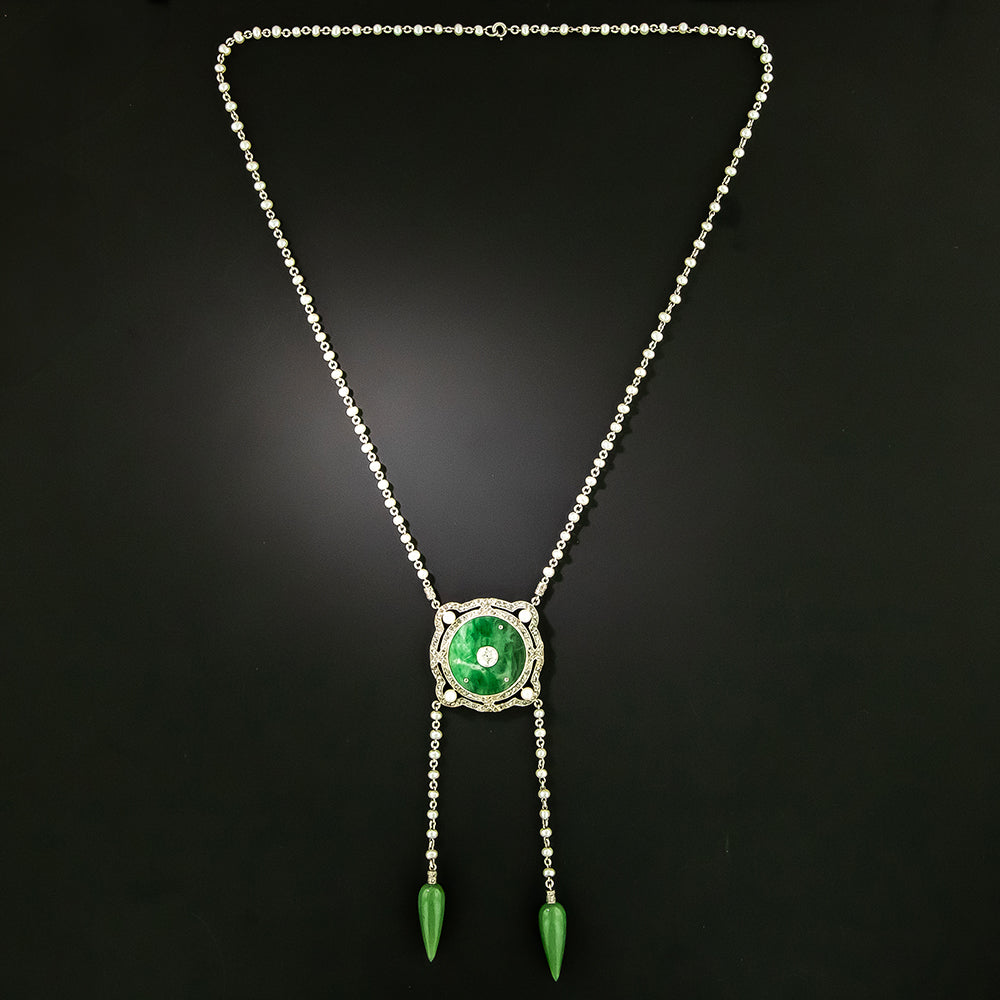 Art Deco Jadeite, Nephrite, Diamond and Natural Pearl Necklace - 3