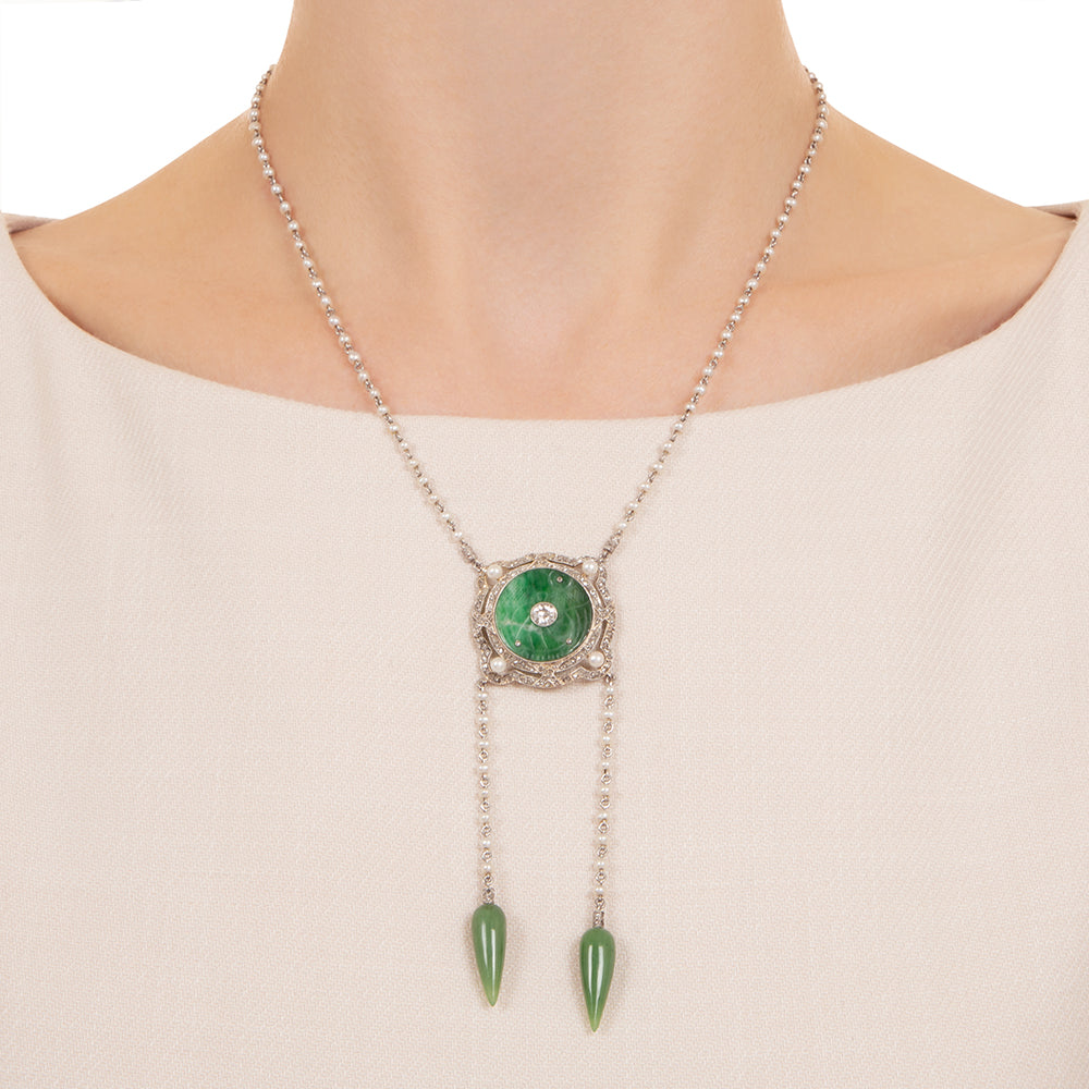 Art Deco Jadeite, Nephrite, Diamond and Natural Pearl Necklace - 4