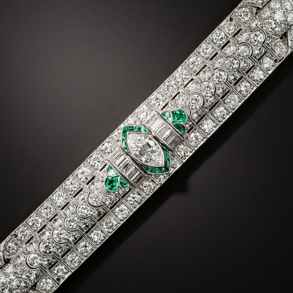 Art Deco Marquise Diamond and Emerald Bracelet by Katz & Ogush - 2