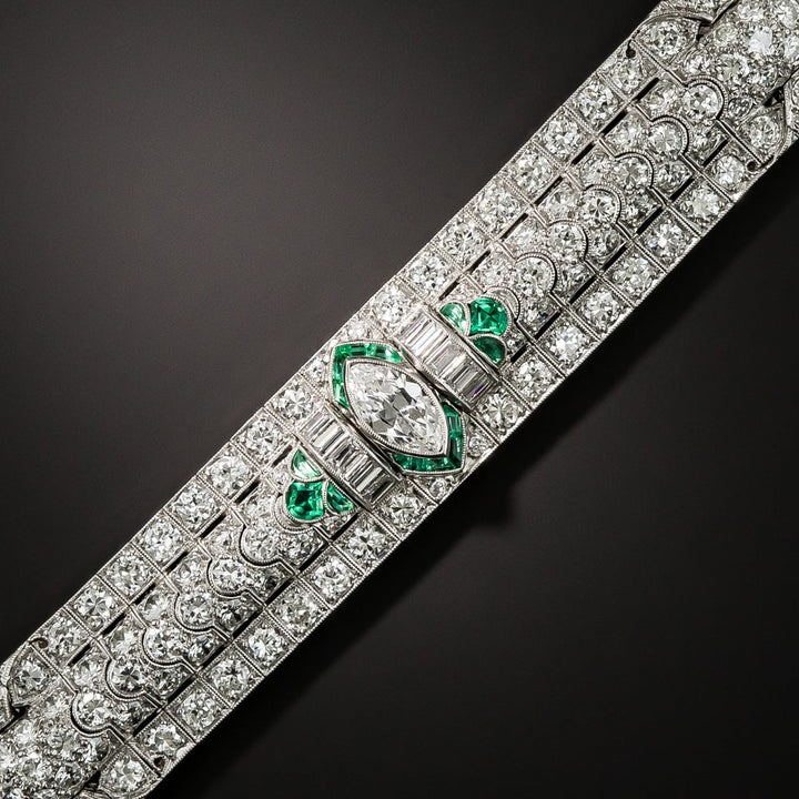 Art Deco Marquise Diamond and Emerald Bracelet by Katz & Ogush