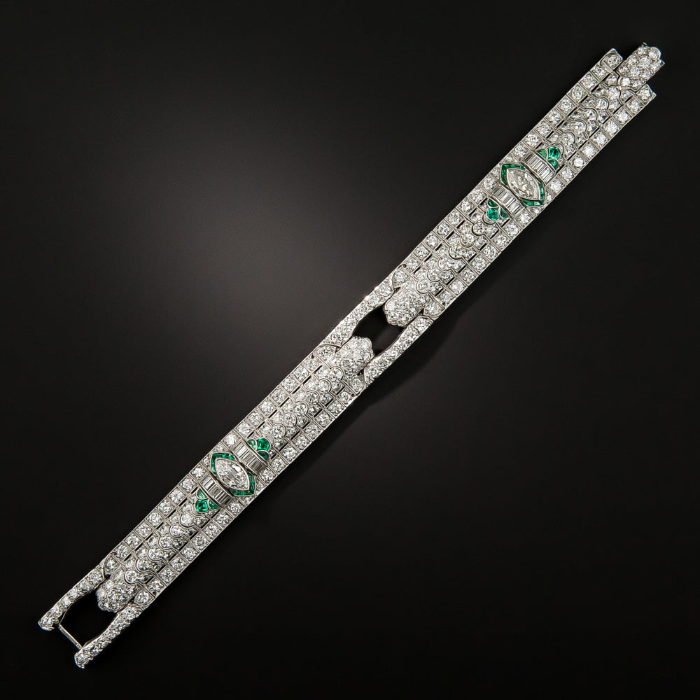 Art Deco Marquise Diamond and Emerald Bracelet by Katz & Ogush - 4