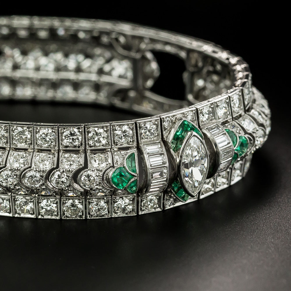 Art Deco Marquise Diamond and Emerald Bracelet by Katz & Ogush - 5
