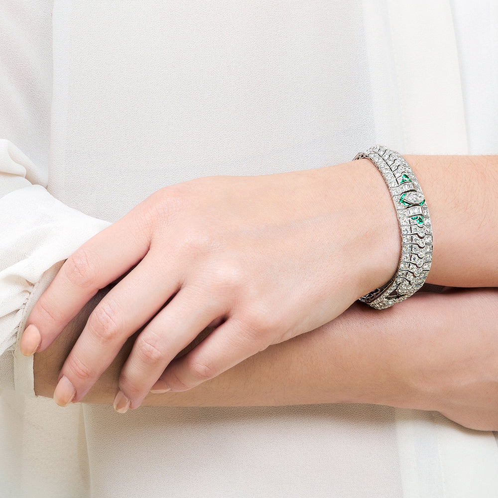 Art Deco Marquise Diamond and Emerald Bracelet by Katz & Ogush - 8