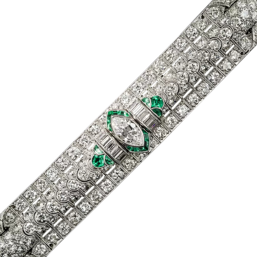 Art Deco Marquise Diamond and Emerald Bracelet by Katz & Ogush - 2