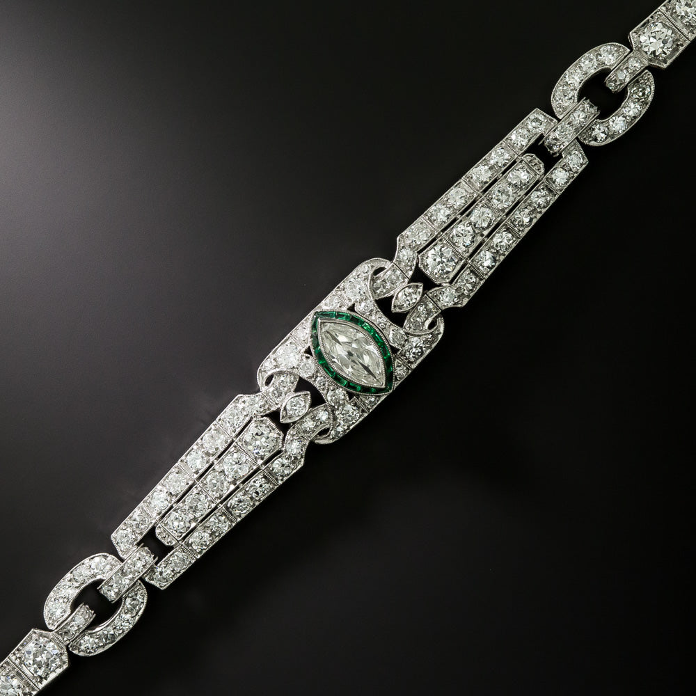 Art Deco Marquise Diamond and 'Emerald Glass' Bracelet - 3