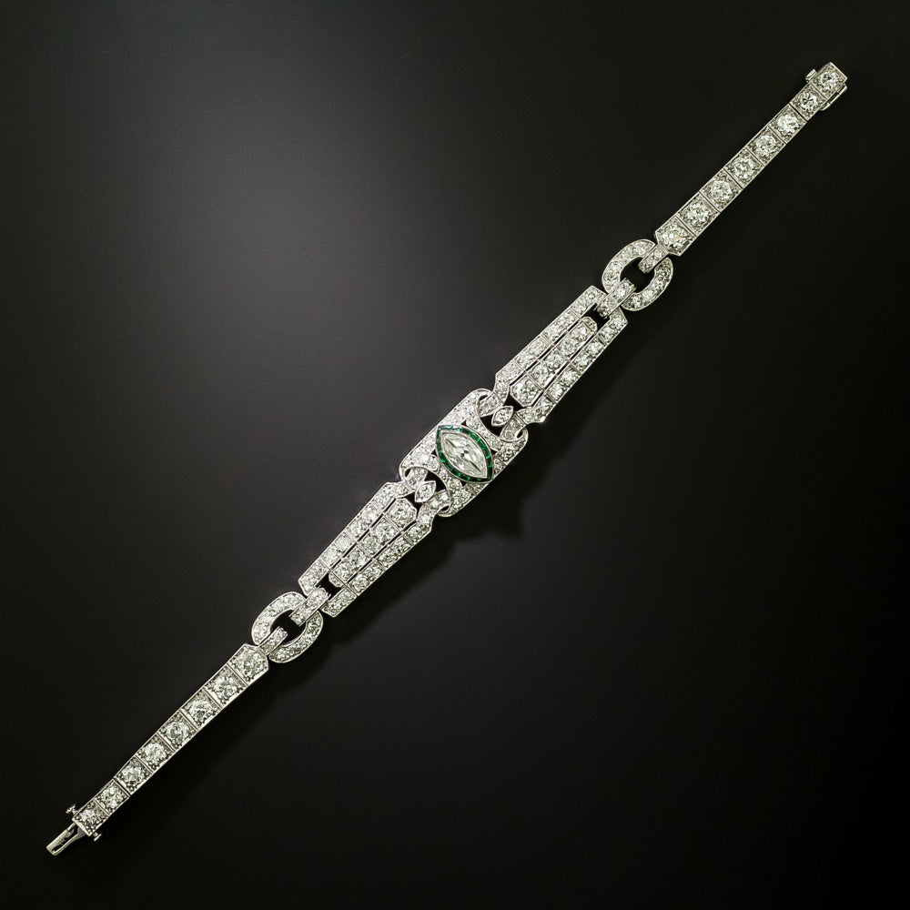 Art Deco Marquise Diamond and 'Emerald Glass' Bracelet - 4