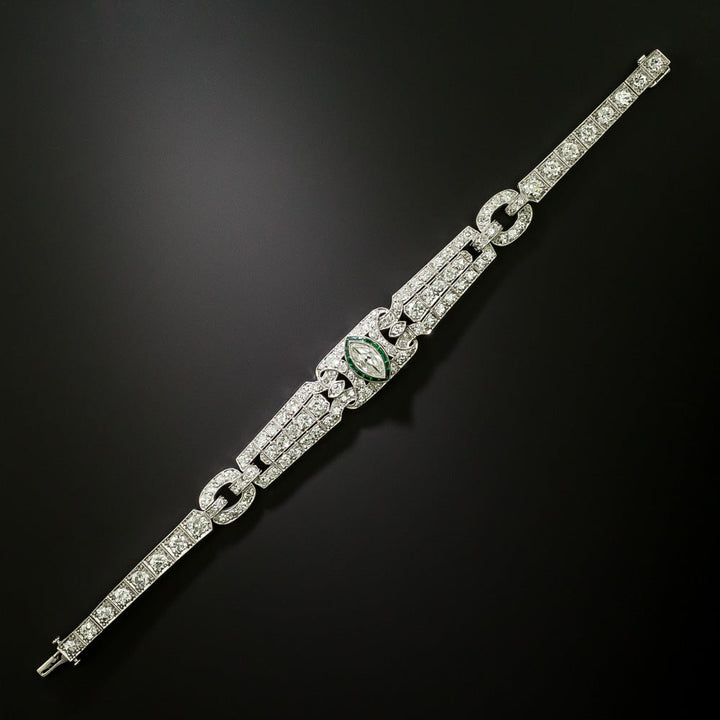 Art Deco Marquise Diamond and 'Emerald Glass' Bracelet