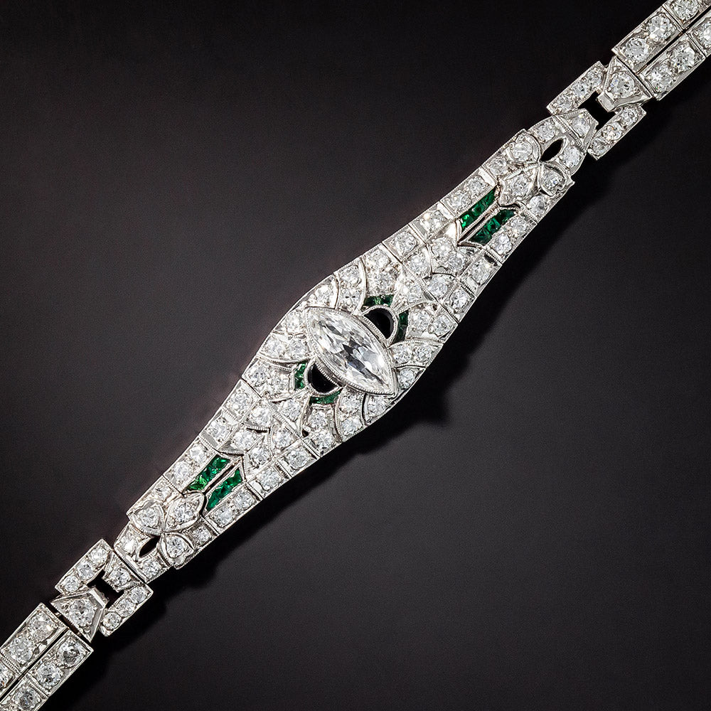 Art Deco Marquise Diamond, Green Glass and Onyx Bracelet - 1