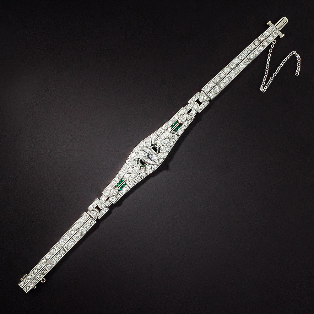 Art Deco Marquise Diamond, Green Glass and Onyx Bracelet - 2