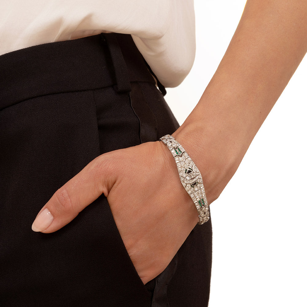 Art Deco Marquise Diamond, Green Glass and Onyx Bracelet - 3