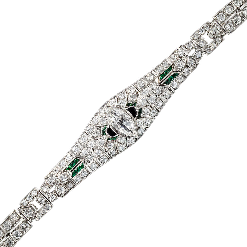 Art Deco Marquise Diamond, Green Glass and Onyx Bracelet - 3