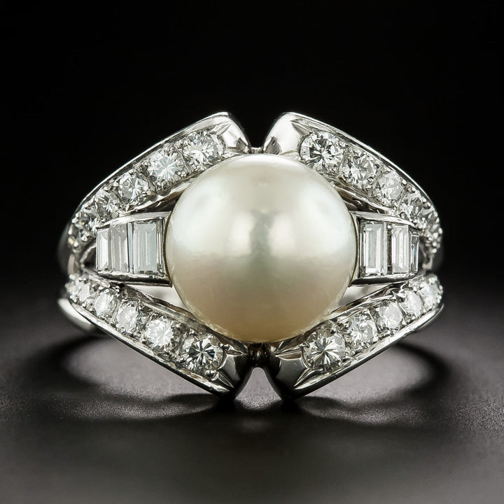 Mid-Century Cultured Pearl and Diamond Ring