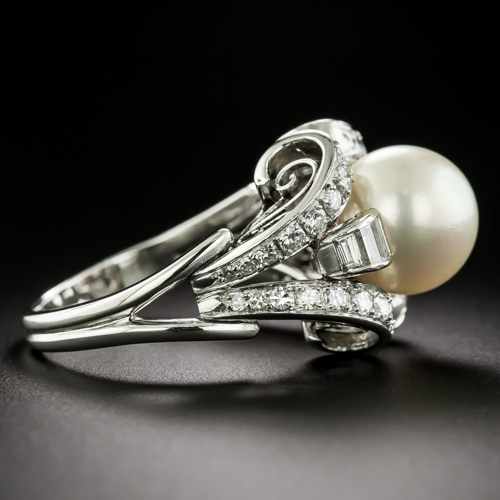 Mid-Century Cultured Pearl and Diamond Ring - 4