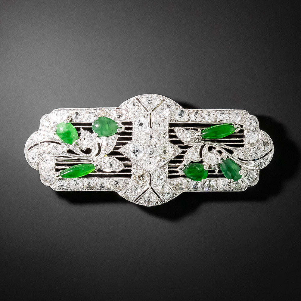 Art Deco Natural Burmese Jade and Diamond Brooch - 1