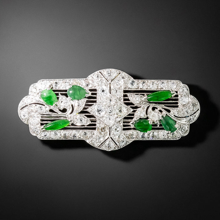 Art Deco Natural Burmese Jade and Diamond Brooch