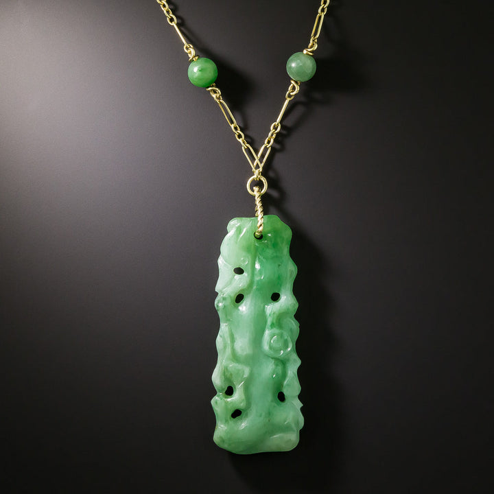 Art Deco Natural Carved Jade Enamel Necklace