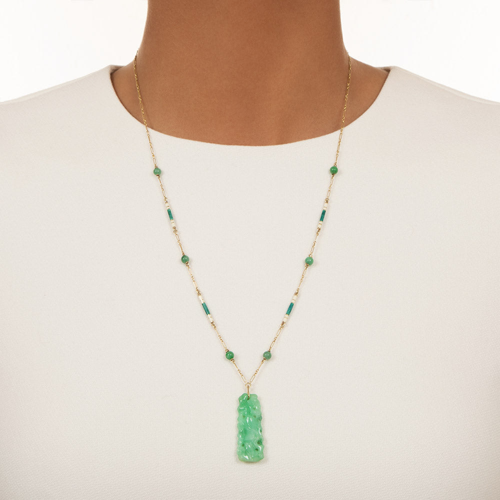 Art Deco Natural Carved Jade Enamel Necklace - 4