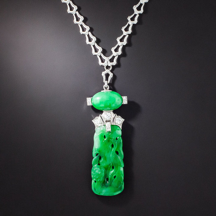 Art Deco Natural Jade and Diamond Necklace