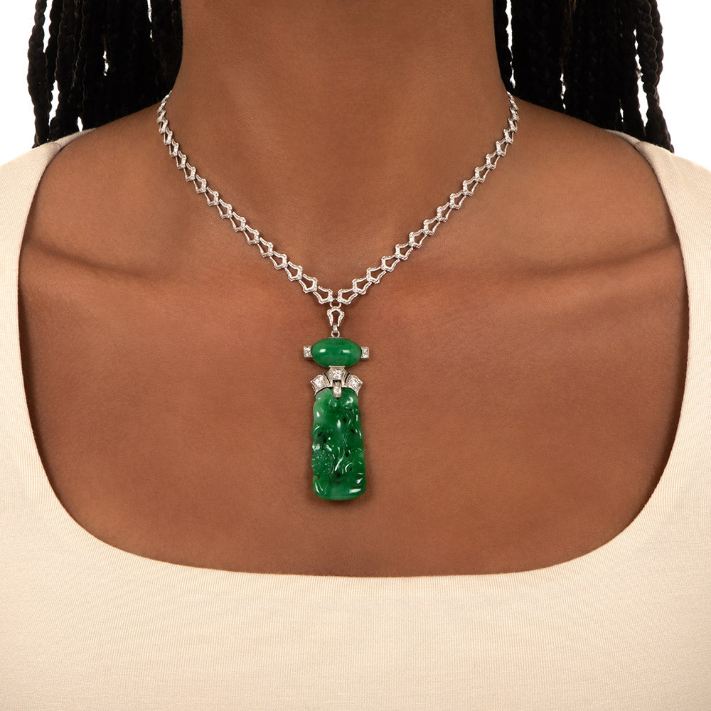 Art Deco Natural Jade and Diamond Necklace - 4