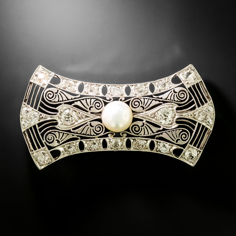 Art Deco Natural Pearl and Diamond Filigree Brooch - 3