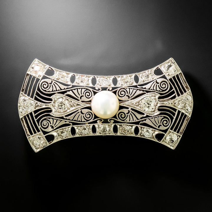 Art Deco Natural Pearl and Diamond Filigree Brooch