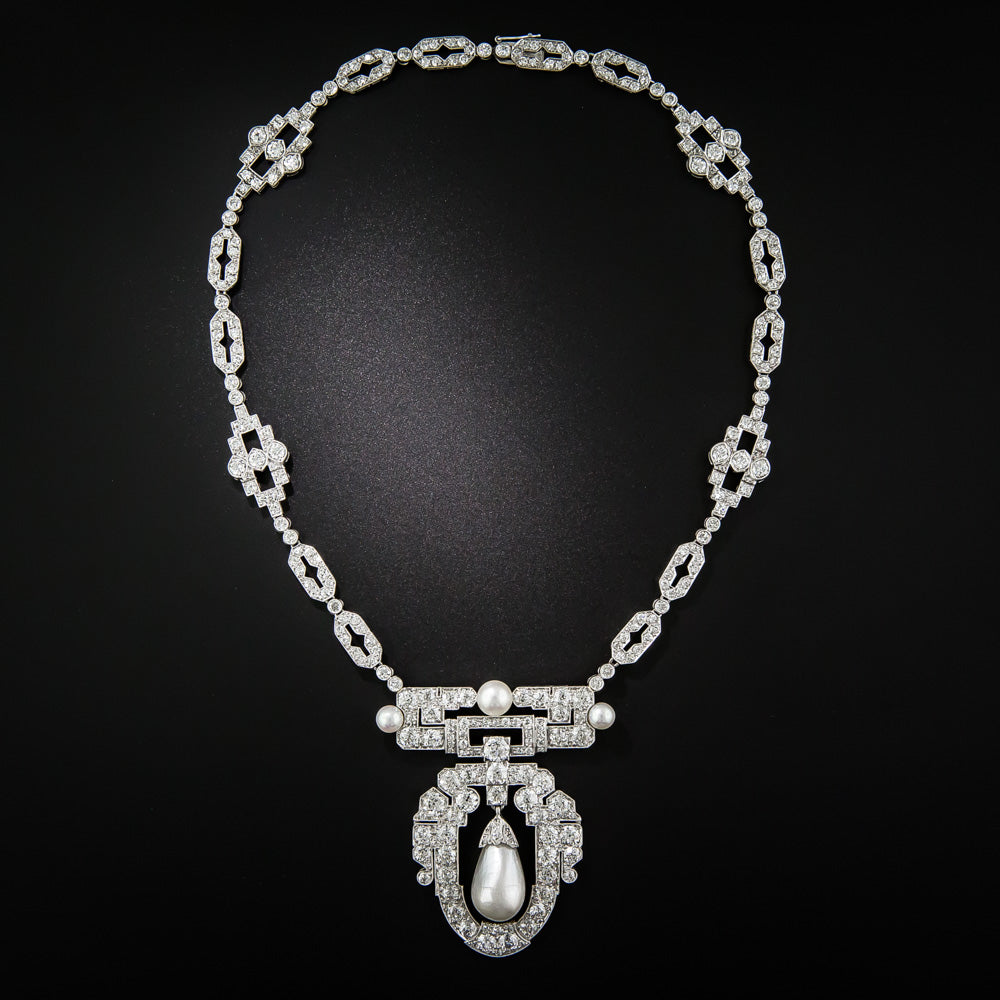 Art Deco Natural Pearl and Diamond Necklace - GIA - 1