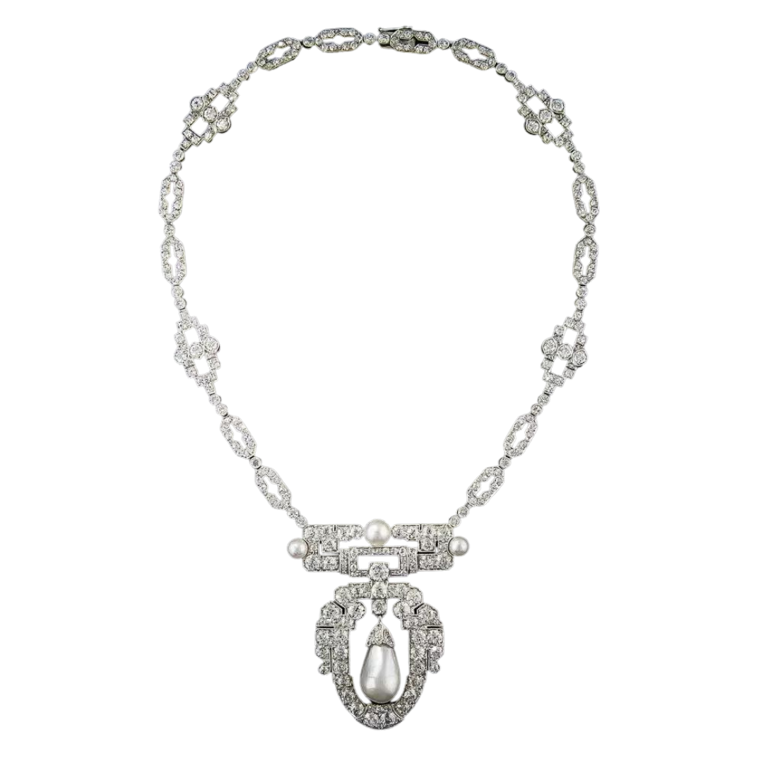 1920s Natural Pearl, Platinum and Diamond Necklace - 9