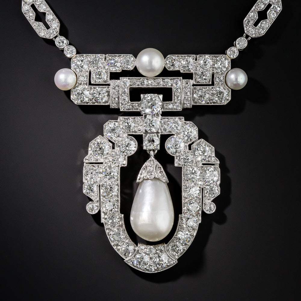 Art Deco Natural Pearl and Diamond Necklace - GIA - 2