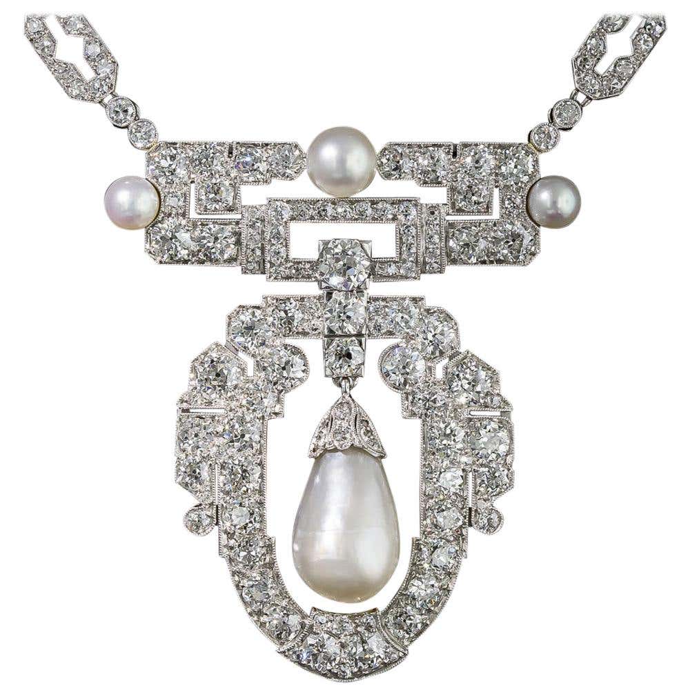 1920s Natural Pearl, Platinum and Diamond Necklace - 8