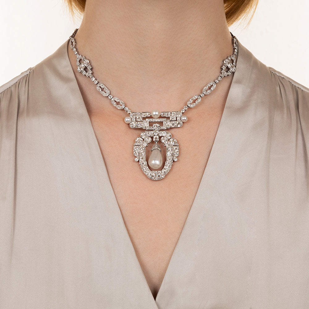 1920s Natural Pearl, Platinum and Diamond Necklace - 6