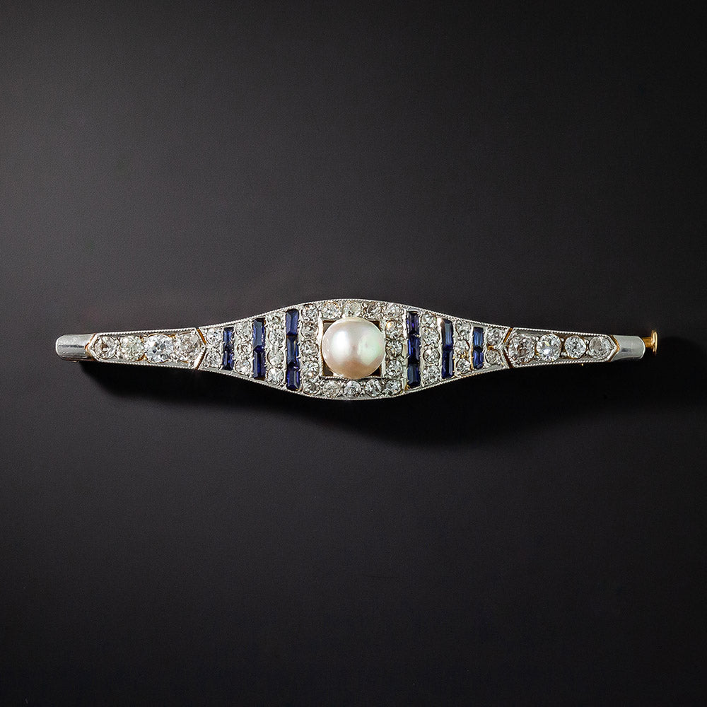 Art Deco Mabe Pearl, Diamond and Synthetic Sapphire Bar Pin - 1