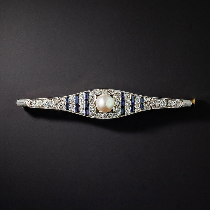 Art Deco Natural Pearl, Diamond and Sapphire* Bar Pin