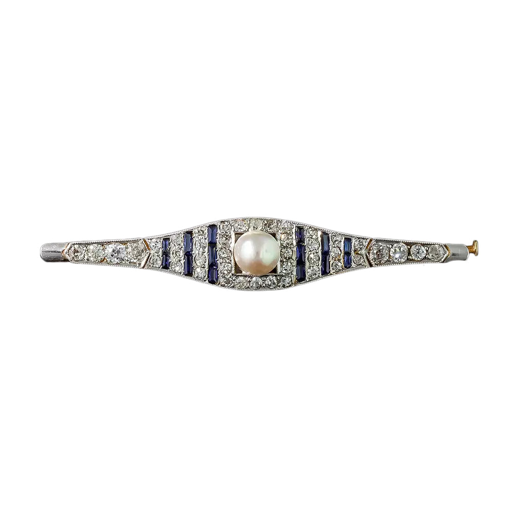 Art Deco Natural Pearl, Diamond and Sapphire* Bar Pin - 3