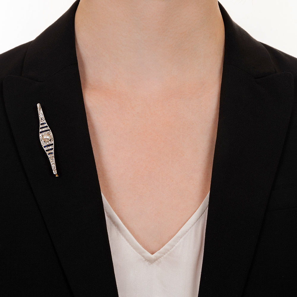 Art Deco Mabe Pearl, Diamond and Synthetic Sapphire Bar Pin - 2