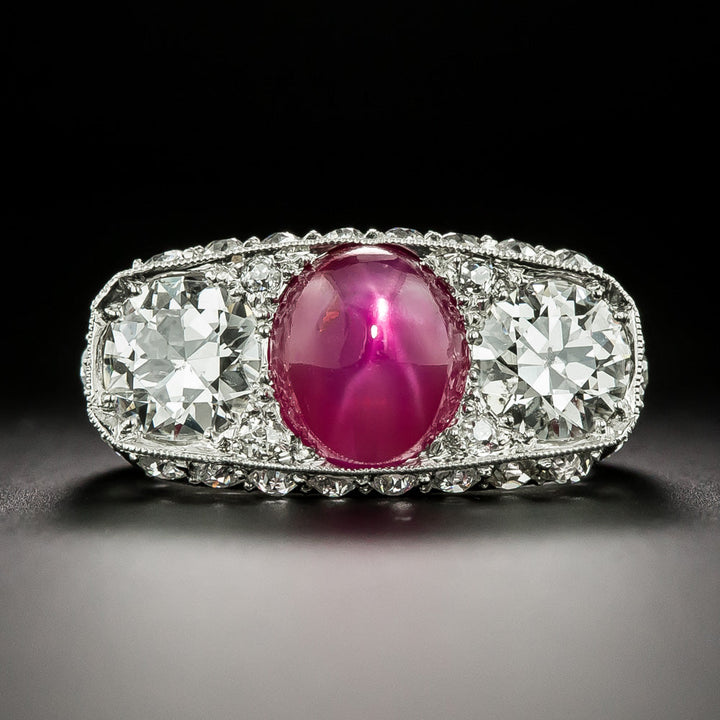 Art Deco No-Heat Burma Star Ruby and Diamond Ring