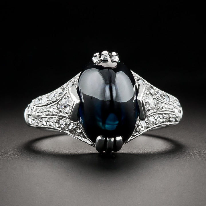 Art Deco No-Heat Cabochon Sapphire and Diamond Ring