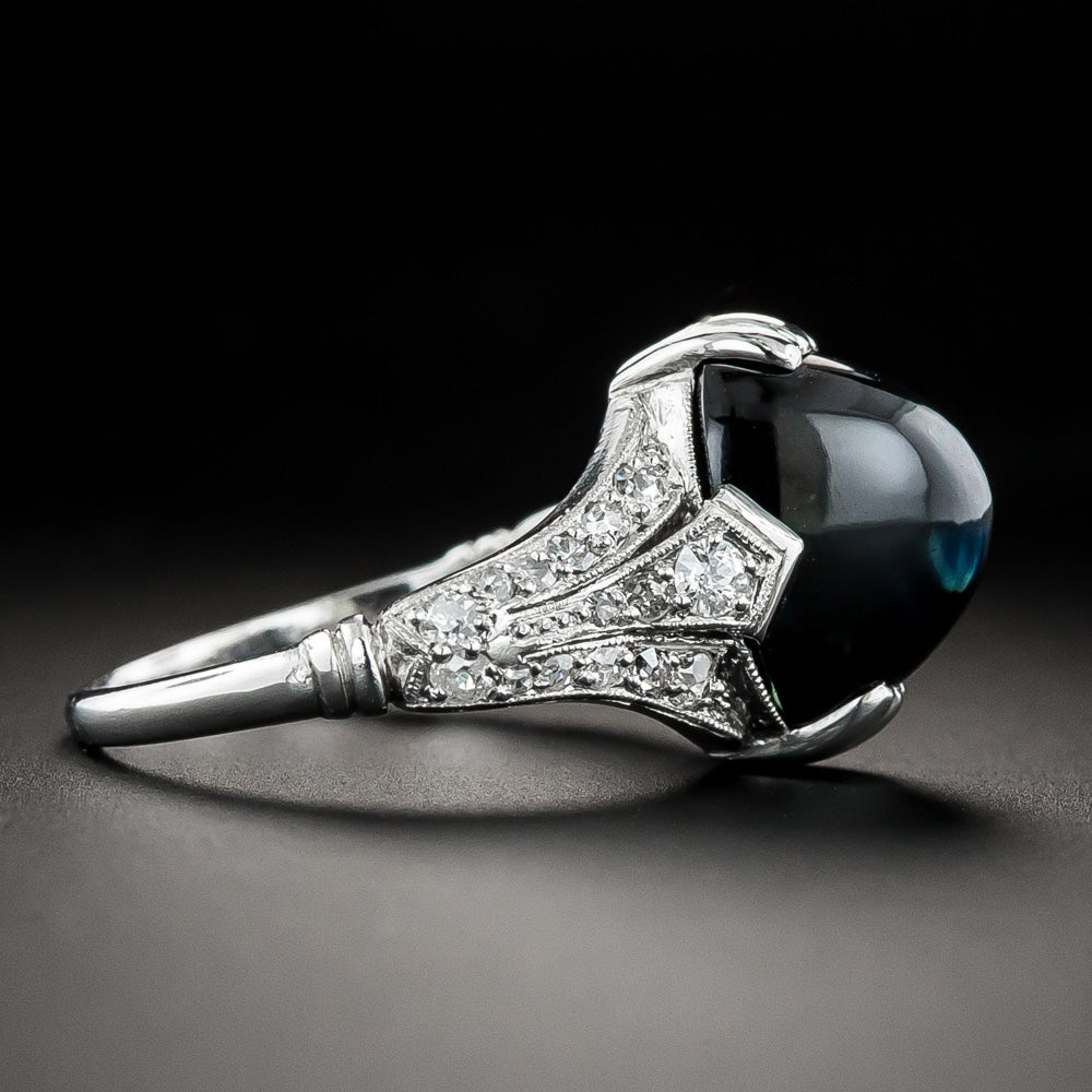 Art Deco No-Heat Cabochon Sapphire and Diamond Ring - 3