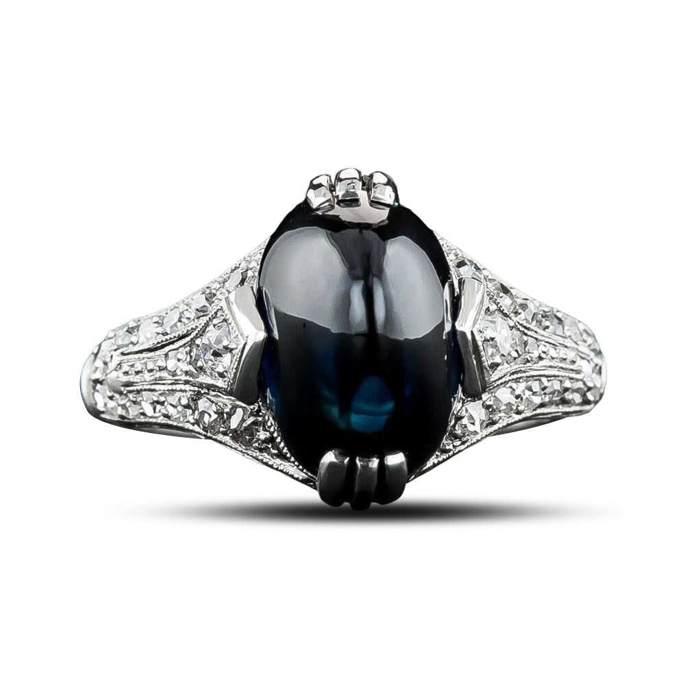 Art Deco No-Heat Cabochon Sapphire and Diamond Ring - 4