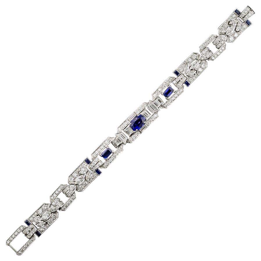 Art Deco No-Heat Ceylon Sapphire and Diamond Bracelet - AGL - 4