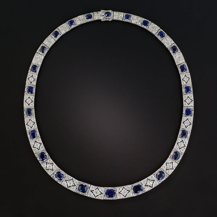 Art Deco No-Heat Pailin Sapphire, Platinum And Diamond Necklace