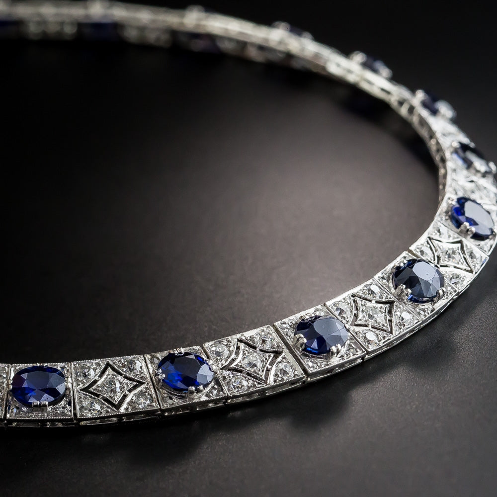 Art Deco No-Heat Pailin Sapphire, Platinum And Diamond Necklace  - 2