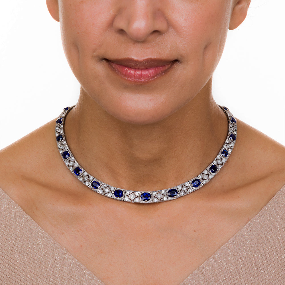 Art Deco No-Heat Pailin Sapphire, Platinum And Diamond Necklace  - 5