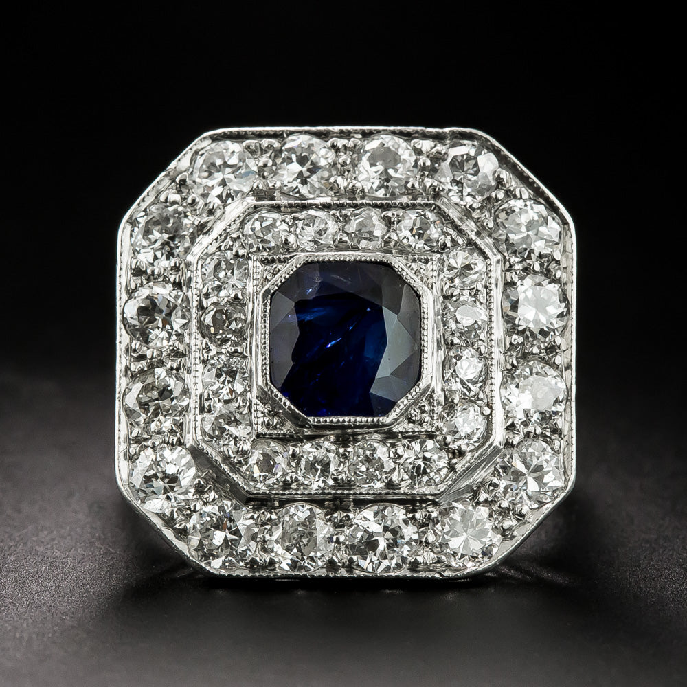 Art Deco No-Heat Sapphire and Diamond Double Halo Ring - 2