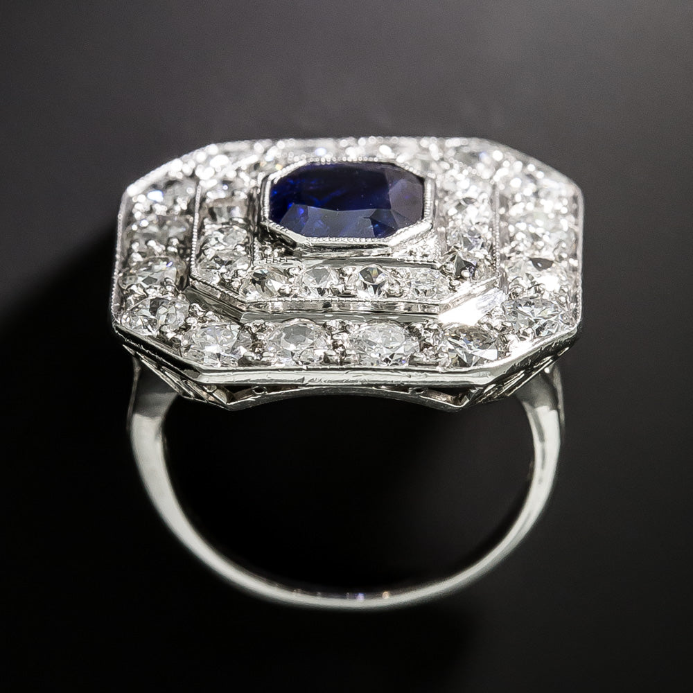 Art Deco No-Heat Sapphire and Diamond Double Halo Ring - 4