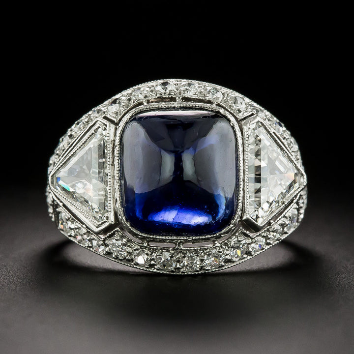 Art Deco No-Heat Sugarloaf Sapphire and Diamond Ring - GIA