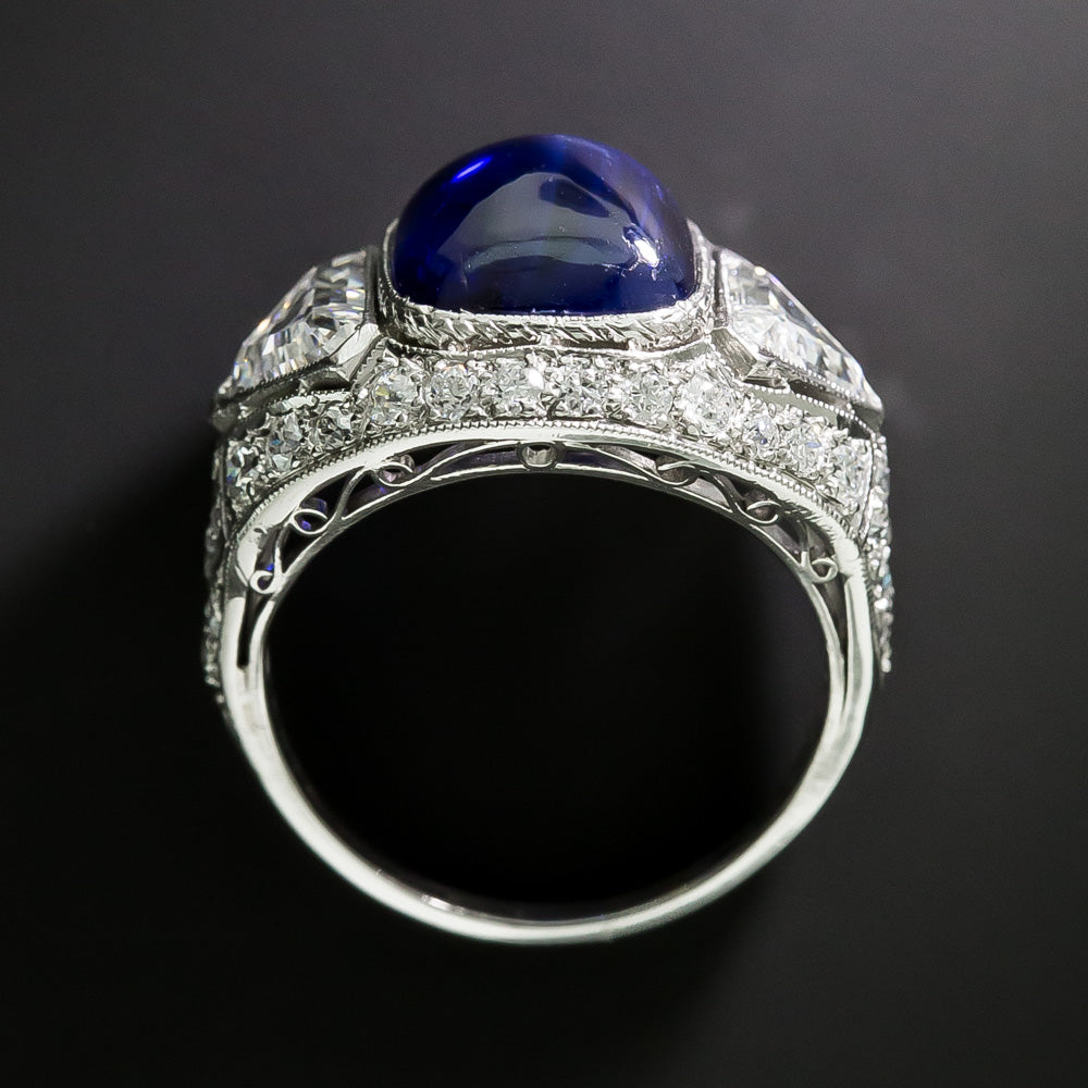 Art Deco No-Heat Sugarloaf Sapphire and Diamond Ring - GIA - 9
