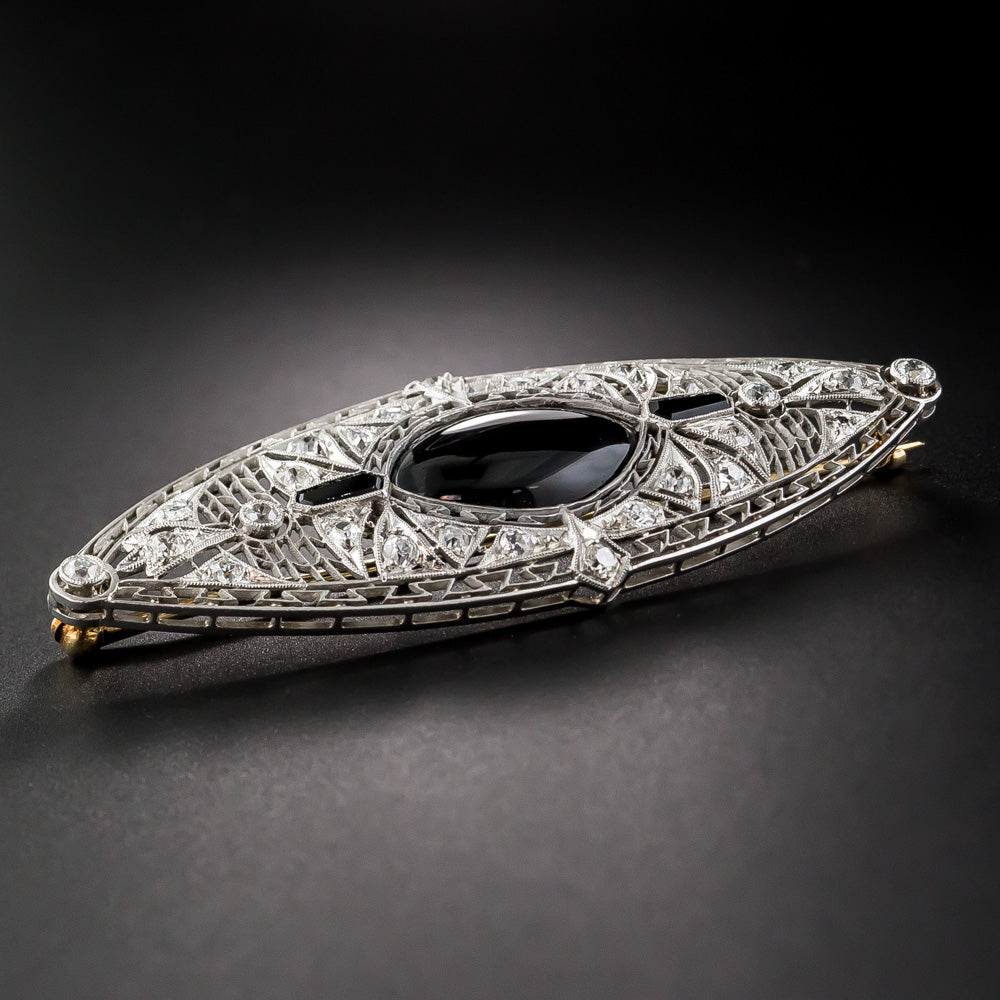 Art Deco Onyx And Diamond Brooch - 7