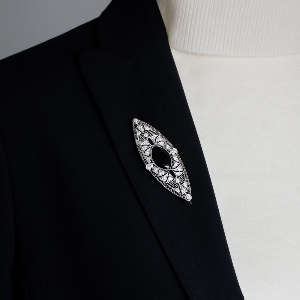 Art Deco Onyx And Diamond Brooch - 5